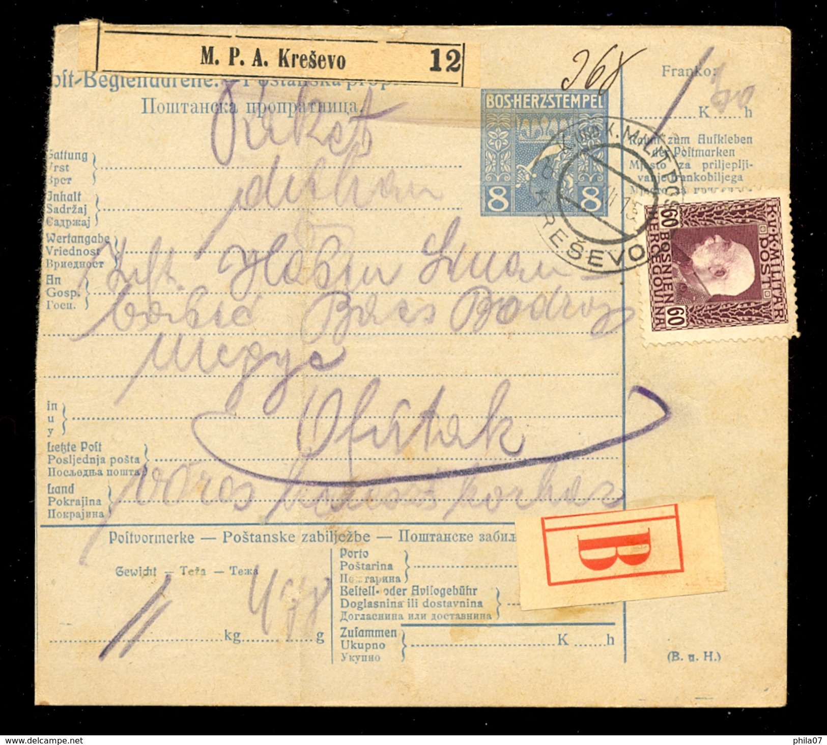 Austria, Bosnia&Herzegovina - Parcel Card Sent From Kresevo To Offutak (Vojvodina) 13.12.1915. / 2 Scans - Briefe U. Dokumente