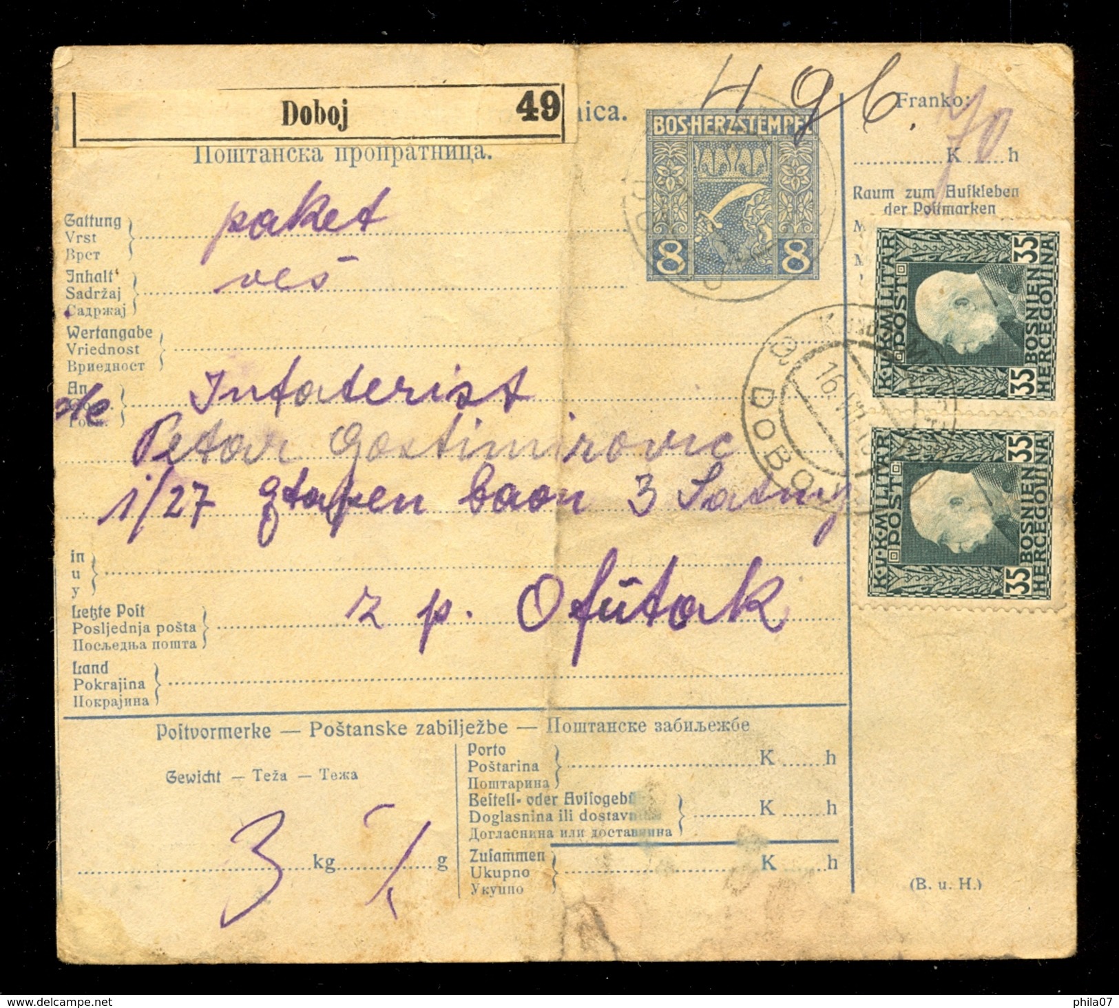 Austria, Bosnia&Herzegovina - Parcel Card Sent From Doboj To Offutak (Vojvodina) 16.07.1915. / 2 Scans - Brieven En Documenten