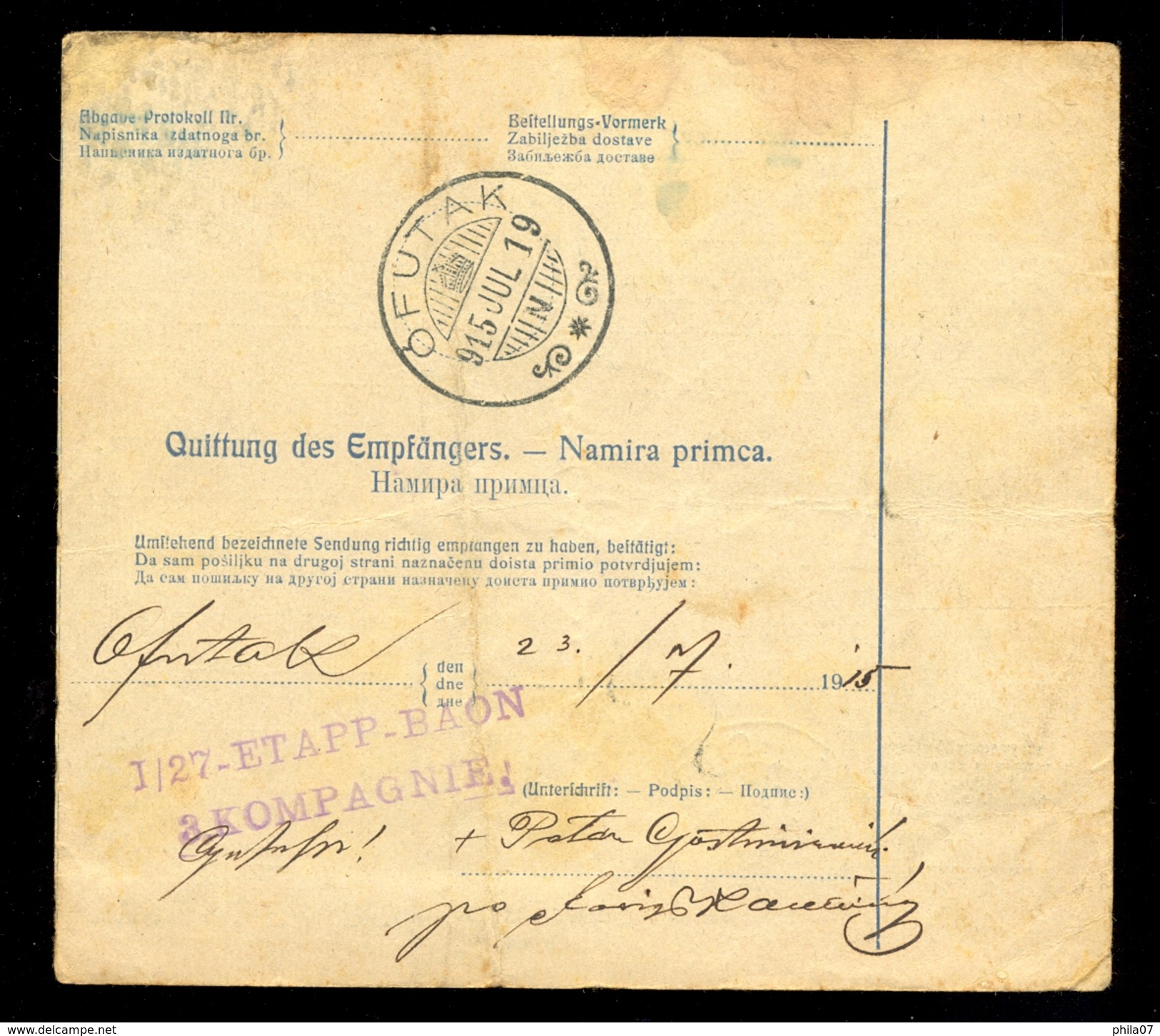 Austria, Bosnia&Herzegovina - Parcel Card Sent From Doboj To Offutak (Vojvodina) 16.07.1915. / 2 Scans - Brieven En Documenten