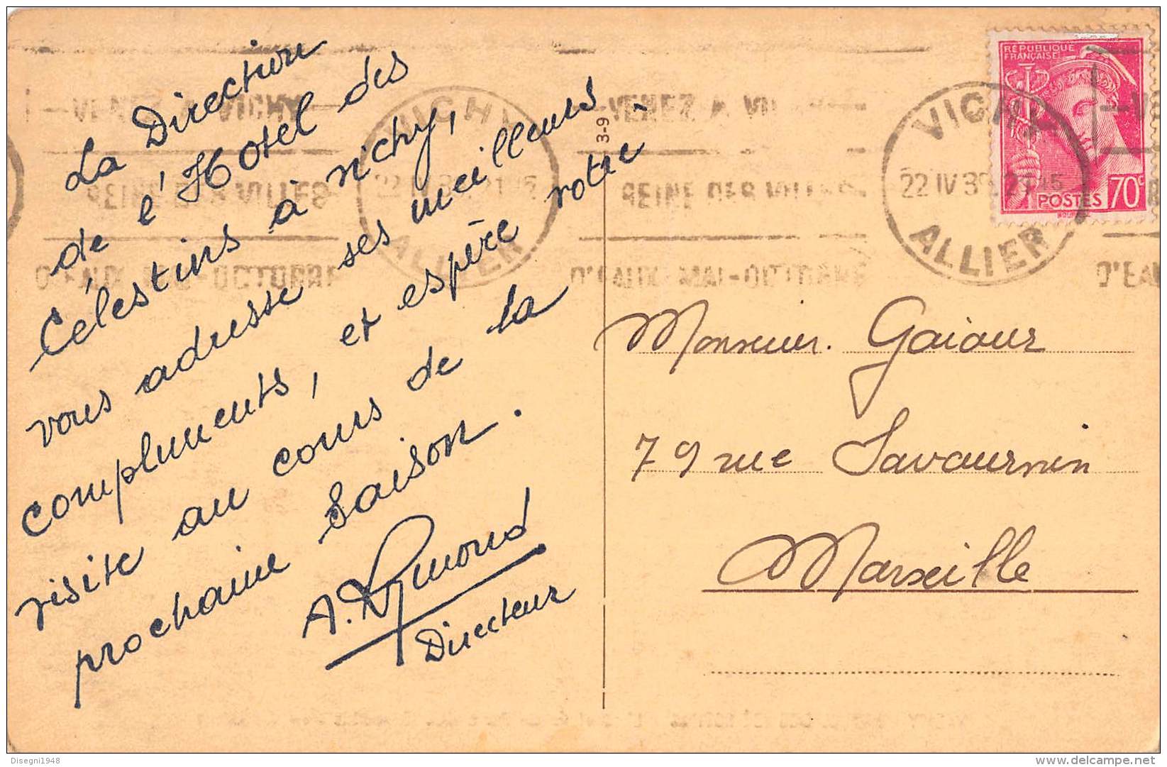06736 "VICHY  - HOTEL DES CÉLESTINES - L'HOTEL VUE DU PARC DES CÉLESTINES"  CART. ILL. ORIG. SPED. 1939 - Vichy