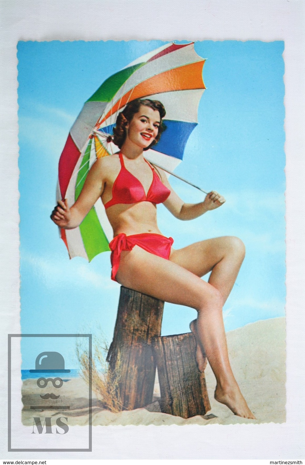 1960's Vintage Photo Postcard Pin Up Model - Red Bathing Suit Sexy Brunette With Umbrella - Pin-Ups