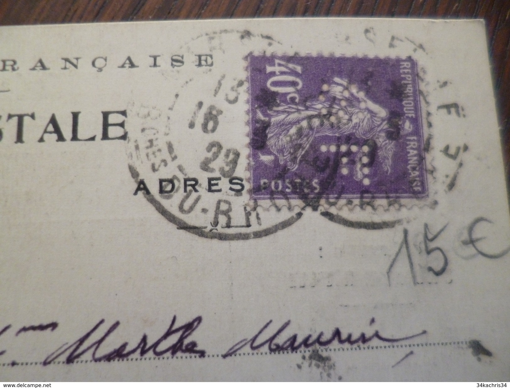 Sur CPA Pub Marseille Svon Frères 40c Violet Semeuse Perforé 1923 - Autres & Non Classés