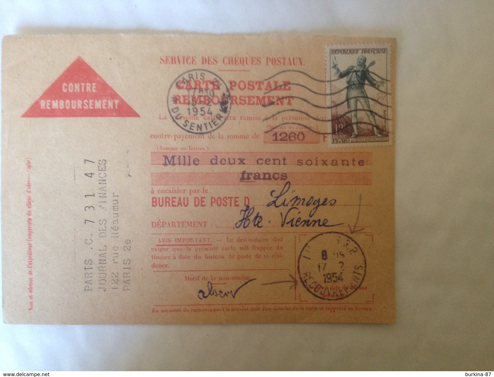 Contre Remboursement Timbré, 1954, Paris Pour Limoges - Bookplates