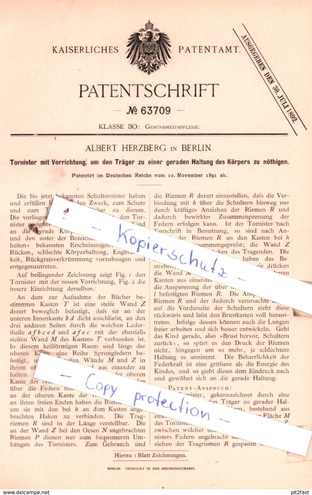 Original Patent - Albert Herzberg In Berlin , 1891 , Gesundheitspflege !!! - Historische Dokumente