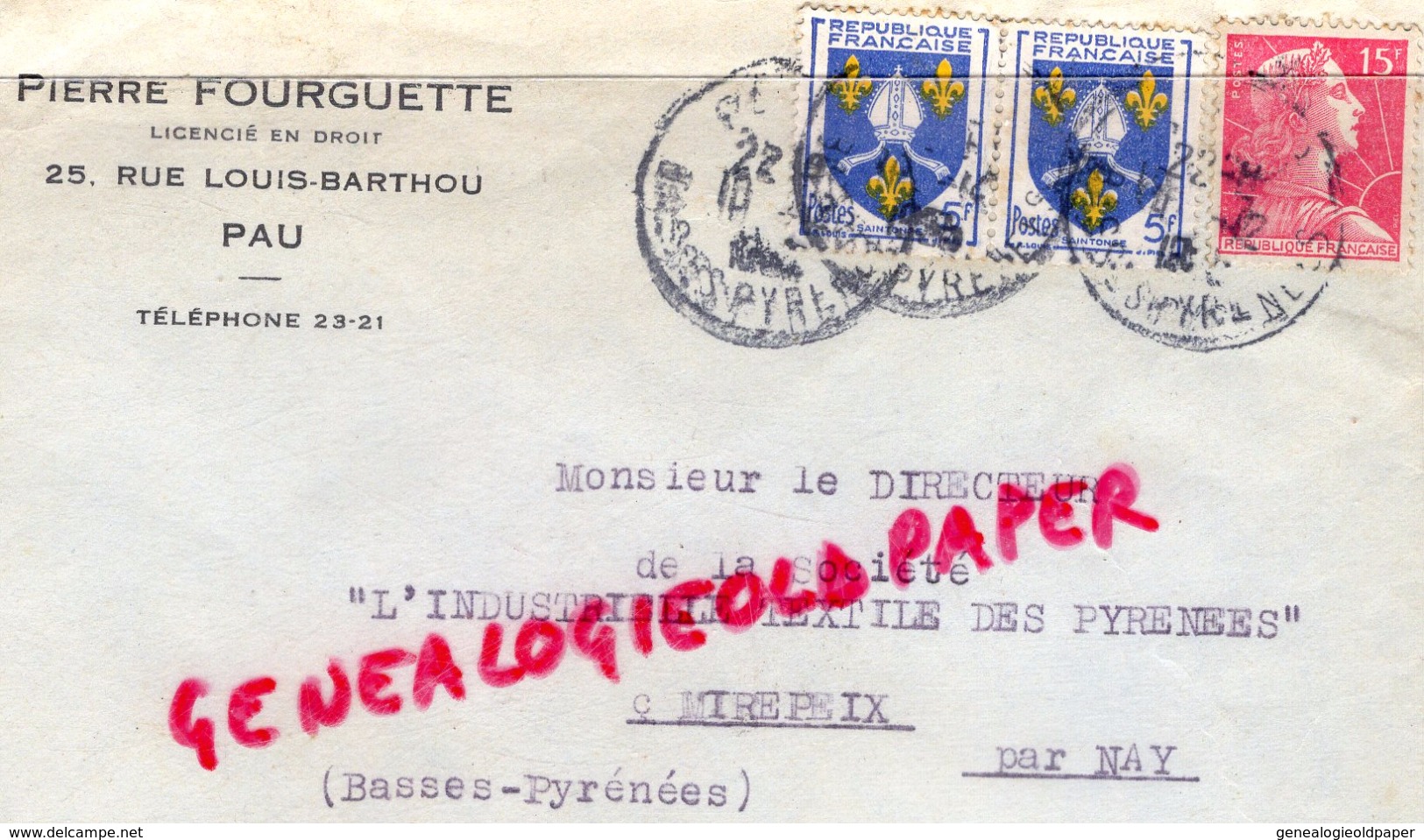 64 - PAU - PIERRE FOURGUETTE-LICENCIE EN DROIT- 25 RUE LOUIS BARTHOU-CACHET ASSURANCES LA CONCORDE - 1950 - ...
