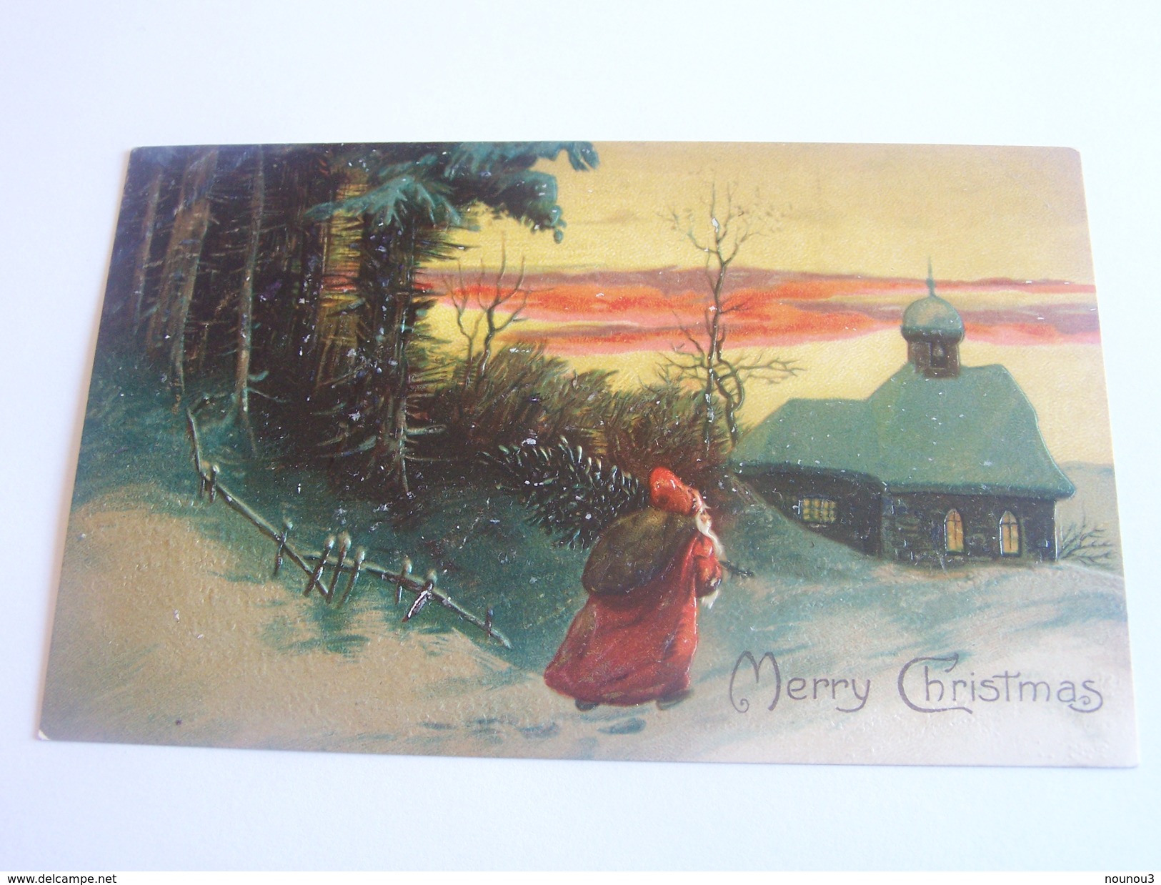 PERE NOEL  EGLISE FORET SAPIN PAYSAGE DE NEIGE. GAUFREE CPA PRINTED IN GERMANY MERRY CHRISTMAS - Santa Claus