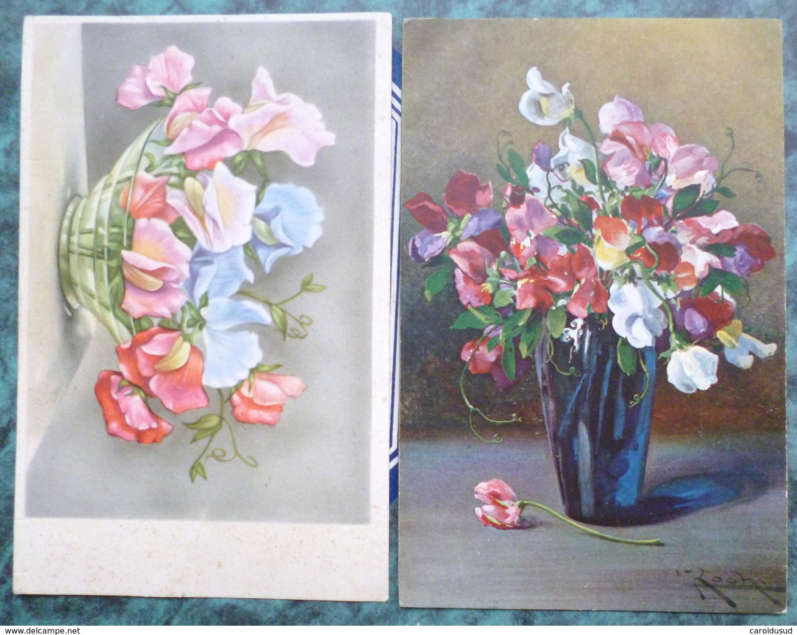 Cpa LOT 2X LITHO Illustrateur ROCH WSSB IMPORT ET COLOPRINT SPECIAL FLEUR POIS DE SENTEUR DANS VASE ELLEZELLES - Collections & Lots