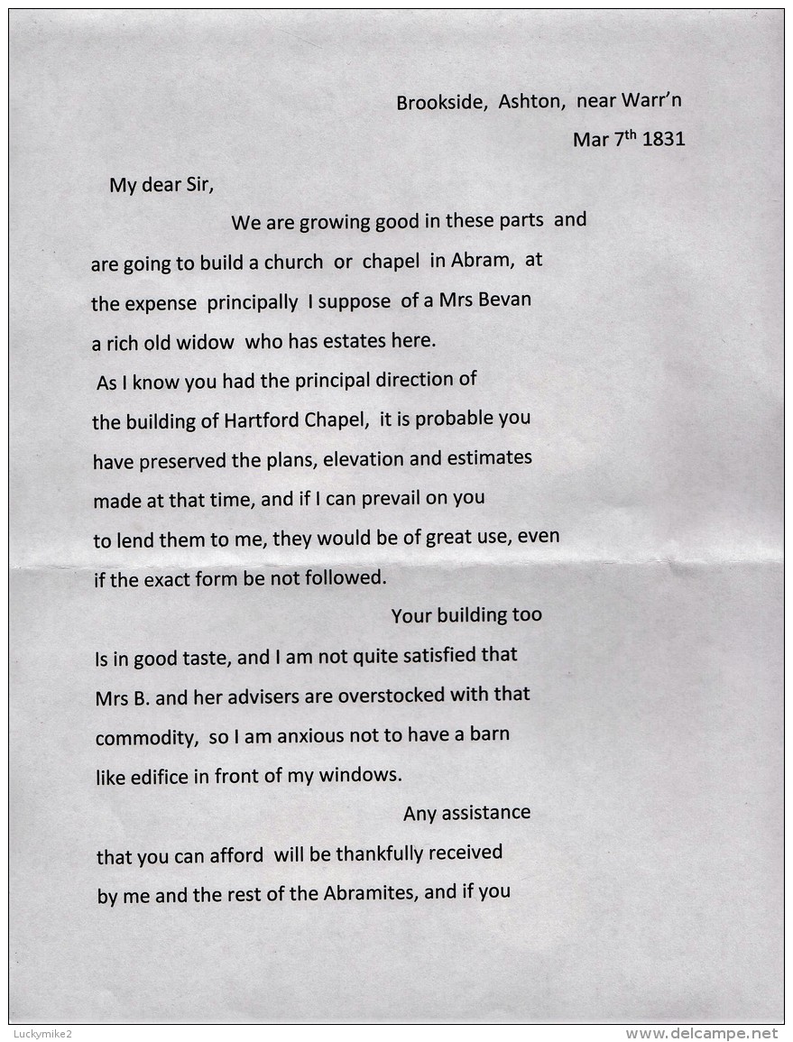 1831 V. Amusing Letter From "John Whitley, Brookside, Ashton" To "Thomas Marshall, The Beach, Hartford, Northwich". 0281 - Manuscripts