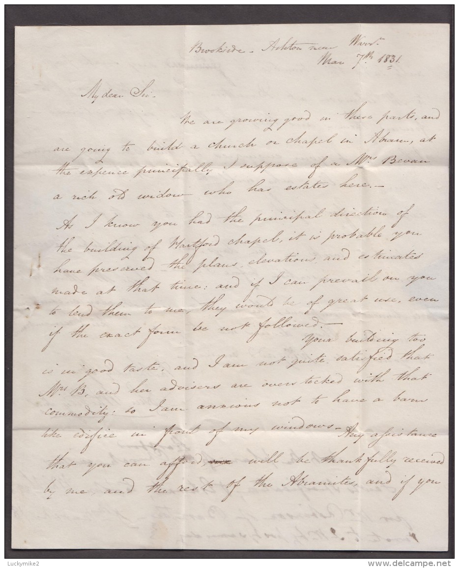 1831 V. amusing letter from "John Whitley, Brookside, Ashton" to "Thomas Marshall, The Beach, Hartford, Northwich". 0281