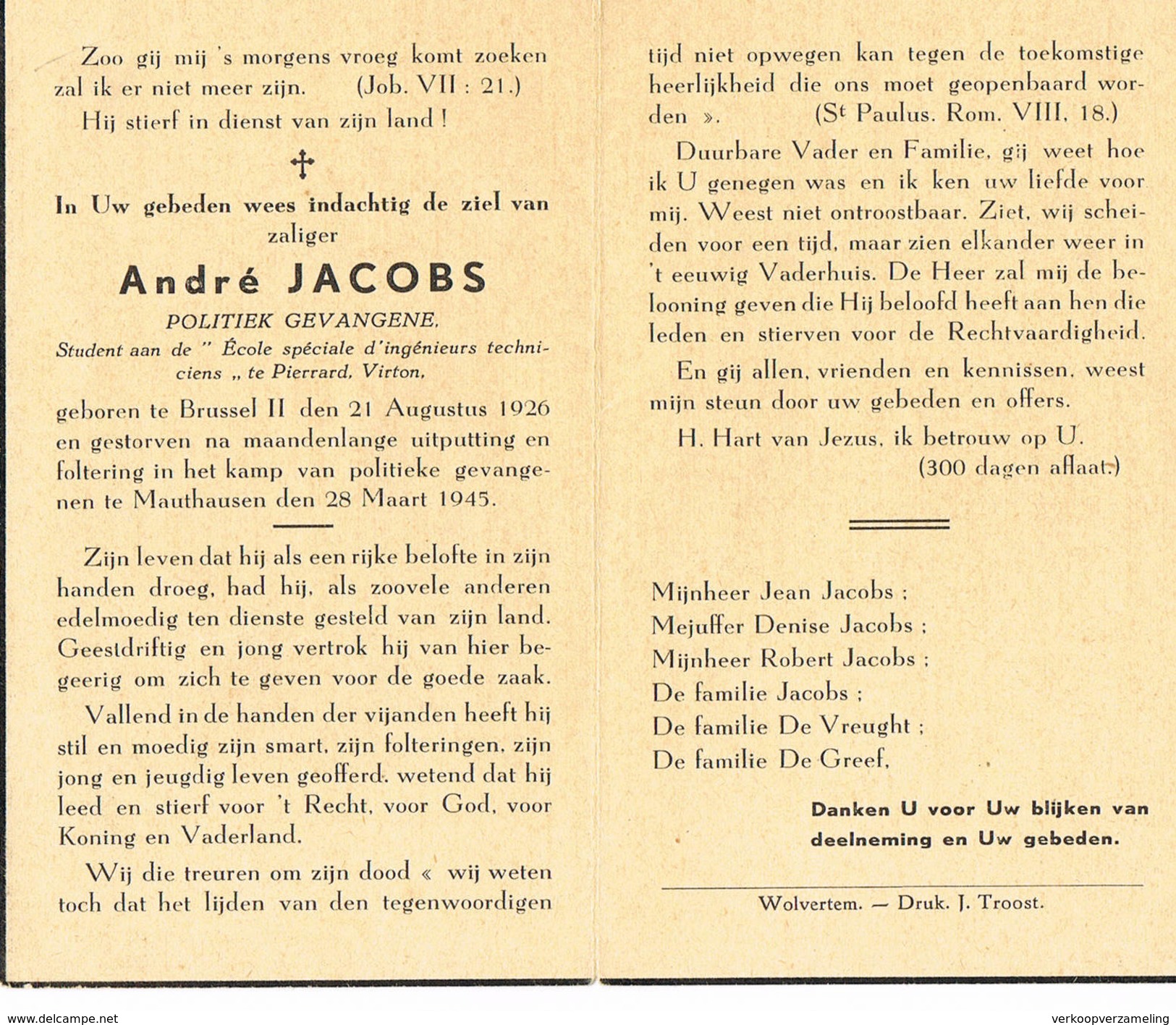 Bidprentje Jacobs Geboren Brussel Overleden Mauthausen 28/3/45 - 1939-45