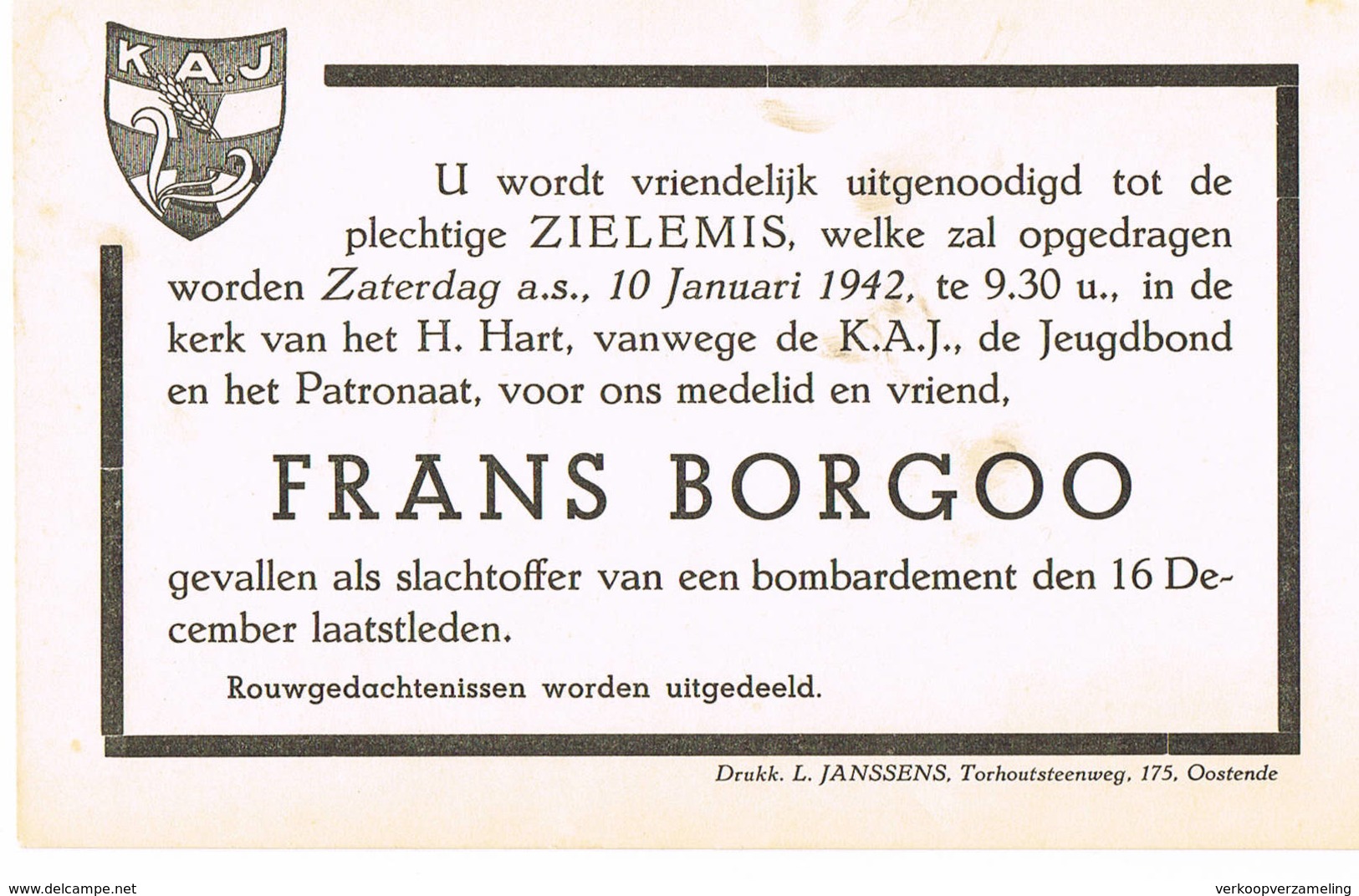 Uitnodiging K.A.J Frans Borgoo Slachtoffer Bombardement Oostende 16/12/42 - 1939-45