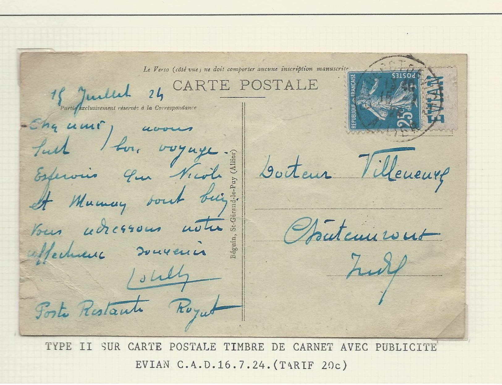 FRANCE   Carte Postale Timbre Avec Pub Evian N° 140    T.B  Type II - 1906-38 Semeuse Camée