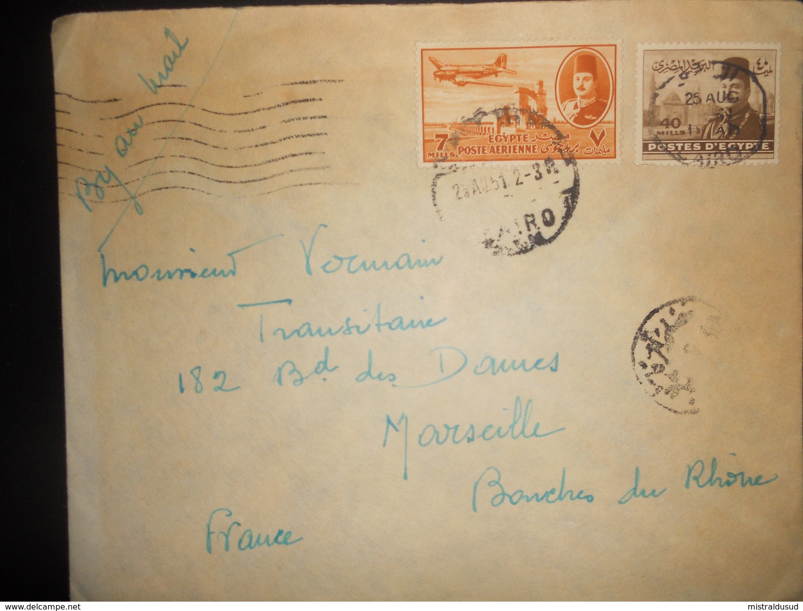 Egypte Lettre De Cairo 1951 Pour Marseille - Luftpost