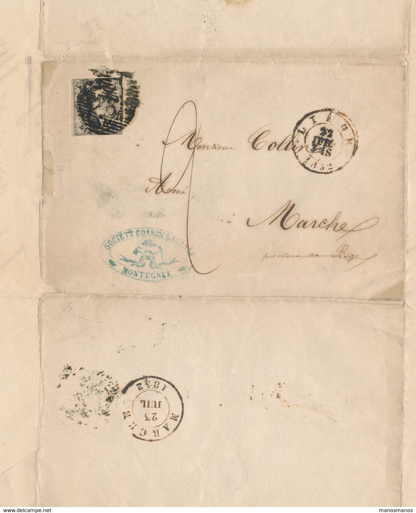 048/25 - BELGIUM - Lettre à Entete + Cachet Illustré  Houillière Gosson § Lagasse à MONTEGNEE 1852 - TP Médaillon LIEGE - Minéraux