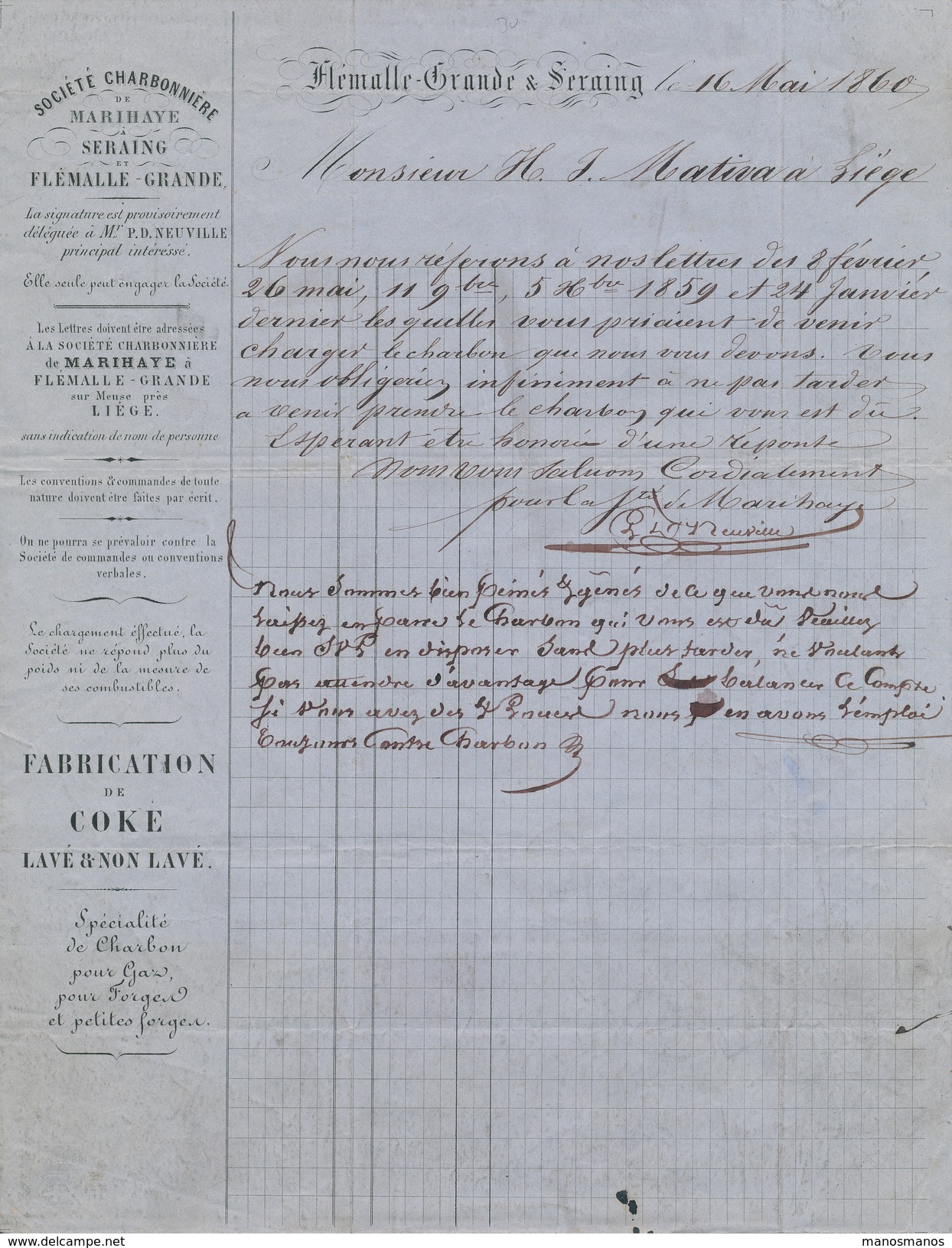 049/25 - BELGIUM - Lettre à Entete Soc. Charbonnière De Marihaye à SERAING Et FLEMALLE 1860 - TP Médaillon JEMEPPE - Minéraux