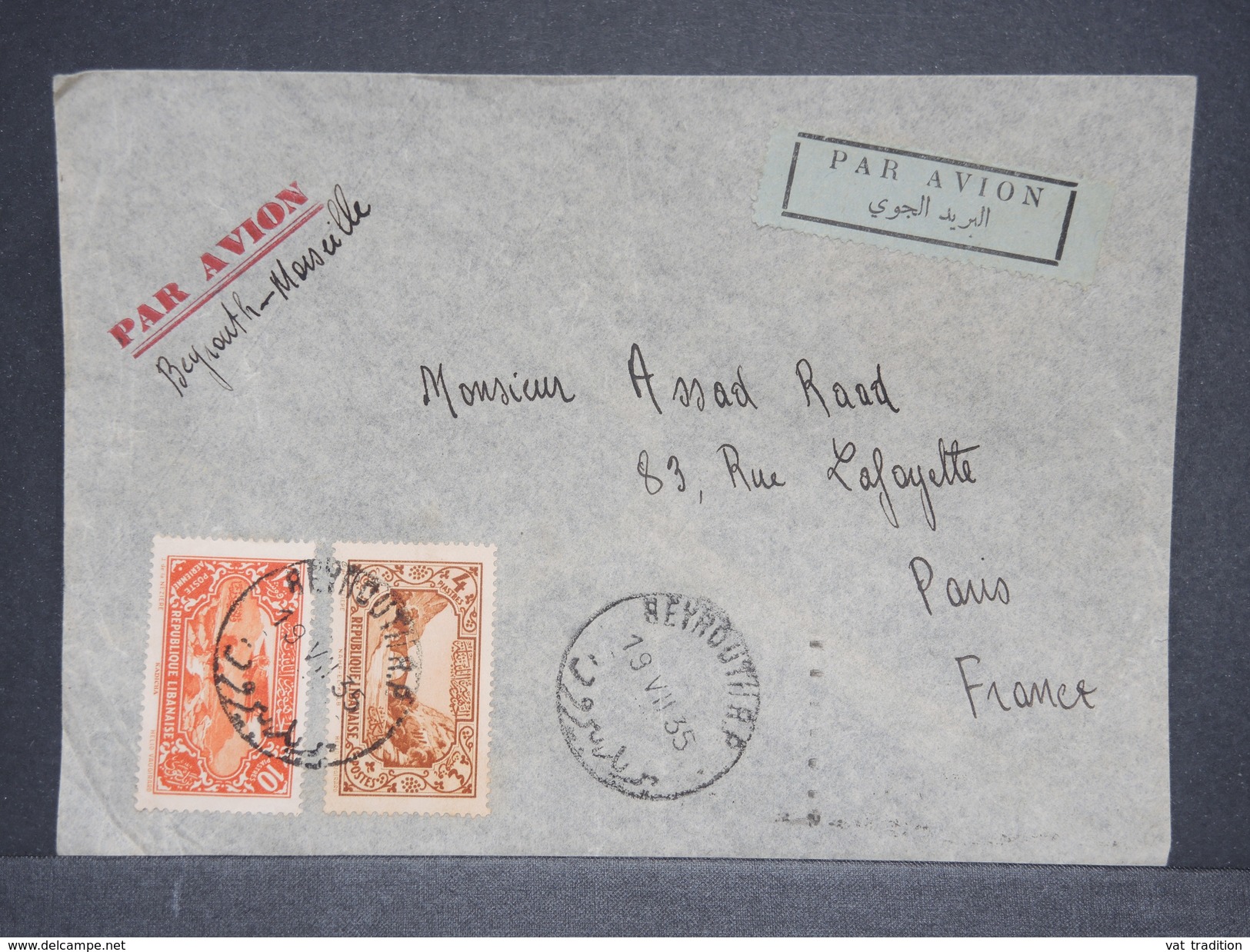 FRANCE / GRAND LIBAN - Enveloppe De Beyrouth Pour Paris Par Avion En 1935 - L 6380 - Lettres & Documents