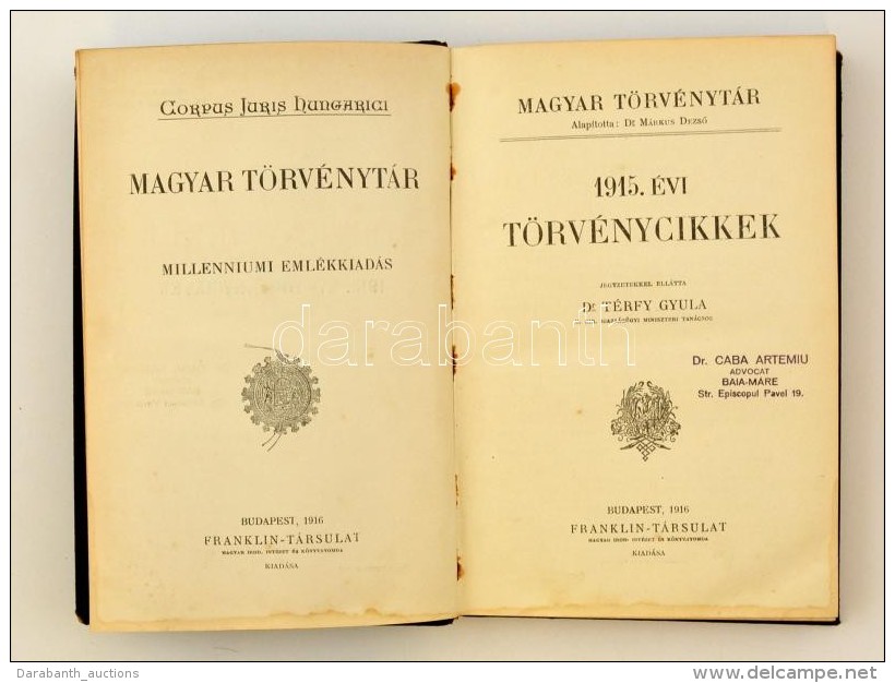 1915. &eacute;vi T&ouml;rv&eacute;nycikk. Magyar T&ouml;rv&eacute;nyt&aacute;r. Jegyzetekkel Ell&aacute;tta Dr.... - Non Classificati