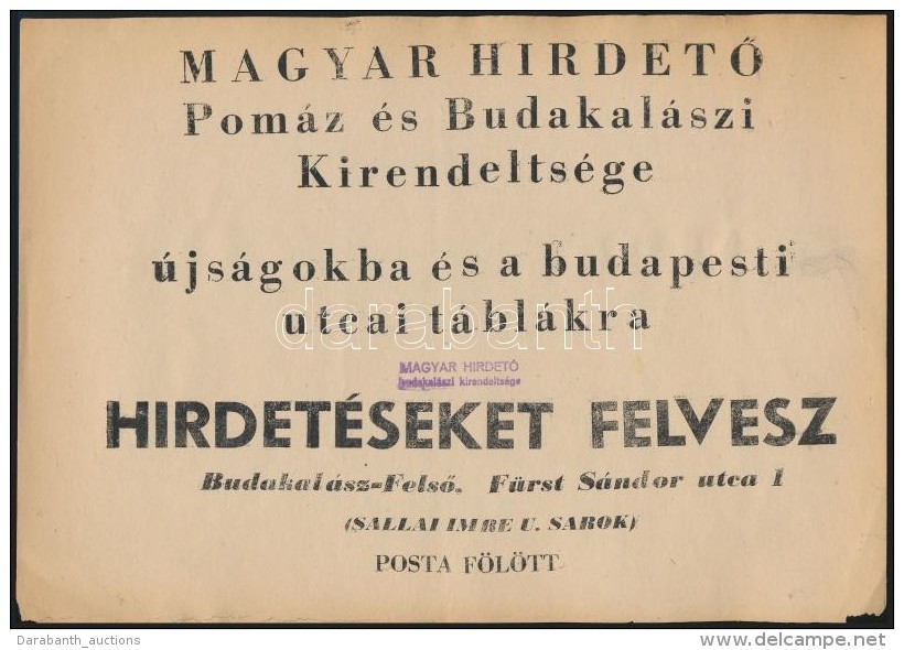 Cca 1950-1960 A Magyar HirdetÅ‘ Pom&aacute;z &eacute;s Budakal&aacute;szi Kirendelts&eacute;g&eacute;nek... - Altri & Non Classificati