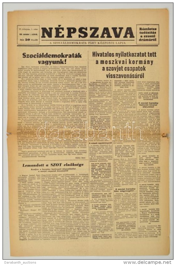 1956 A N&eacute;pszava, A Magyar Szoci&aacute;ldemokrata P&aacute;rt K&ouml;zponti Lapja November Elsejei... - Non Classificati