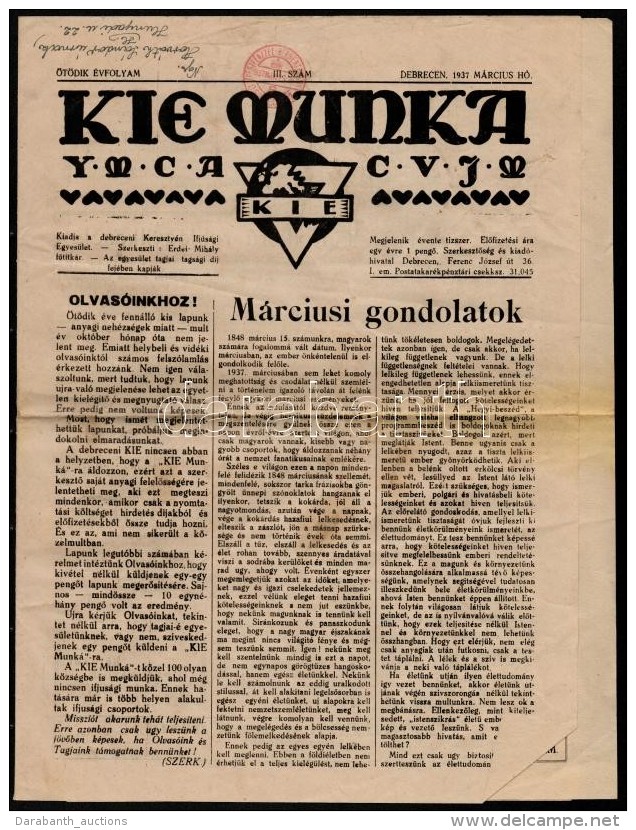 1937 KIE Munka, Kiadja A Debreceni Kereszty&eacute;n Ifj&uacute;s&aacute;gi Egyes&uuml;let, V. &eacute;vfolyam... - Non Classificati