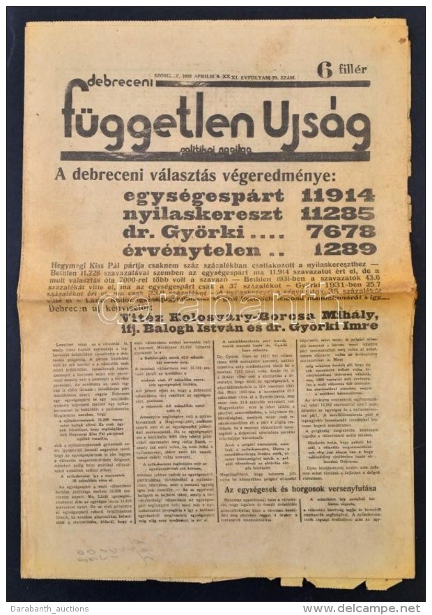 1935 Debreceni F&uuml;ggetlen &Uacute;js&aacute;g, Politikai Napilap, XI. &eacute;vfolyam 79. Sz&aacute;ma - Non Classificati