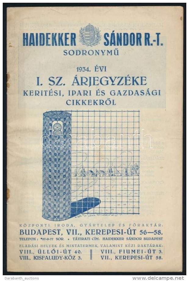 1934 Haidekker S&aacute;ndor I. Sz. &aacute;rjegyz&eacute;ke. Ker&iacute;t&eacute;si, Ipari &eacute;s... - Non Classificati