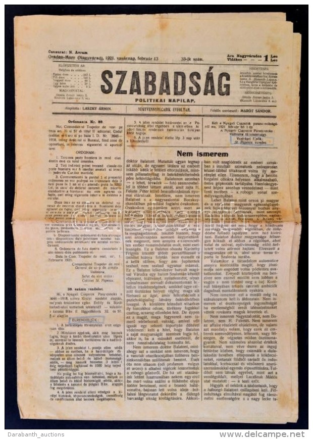 1921 Nagyv&aacute;rad, A Szabads&aacute;g C&iacute;mÅ± Politikai Napilap 48. &eacute;vfolyam&aacute;nak 33.... - Non Classificati