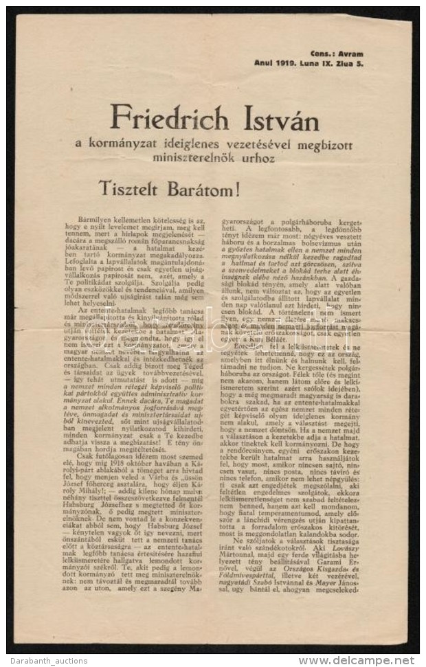 1919 F&eacute;nyes L&aacute;szl&oacute; (1871-1944) Politikus, &iacute;r&oacute; Ny&iacute;lt  Levele Friedrich... - Non Classificati