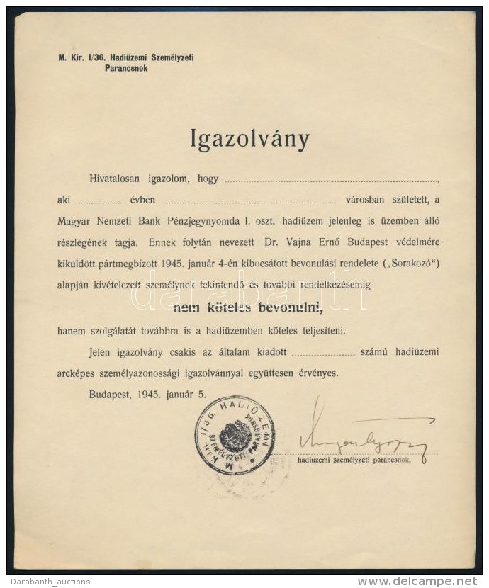 1945 Kit&ouml;ltetlen Igazol&aacute;s MNB P&eacute;nzjegynyomdai Hadi&uuml;zemi Szolg&aacute;latr&oacute;l... - Altri & Non Classificati