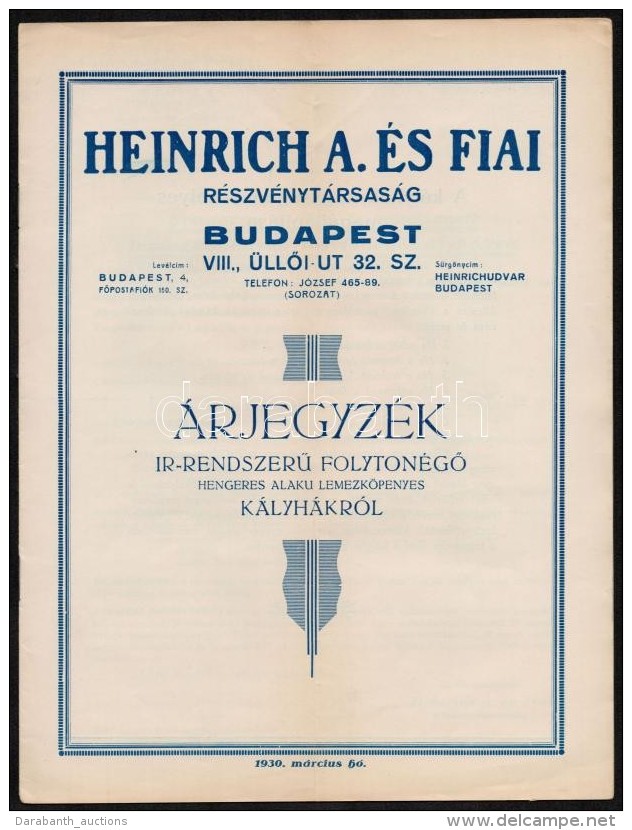 1930 Heinrich A. &eacute;s Fiai Rt. &aacute;rjegyz&eacute;ke Az &iacute;r RendszerÅ± Folyton&eacute;gÅ‘ Hengeres... - Pubblicitari