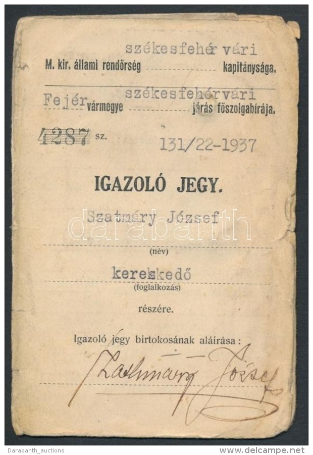 1938 Sz&eacute;kesfeh&eacute;rv&aacute;r RendÅ‘rs&eacute;gi F&eacute;nyk&eacute;pes Igazol&oacute; Jegy - Non Classificati