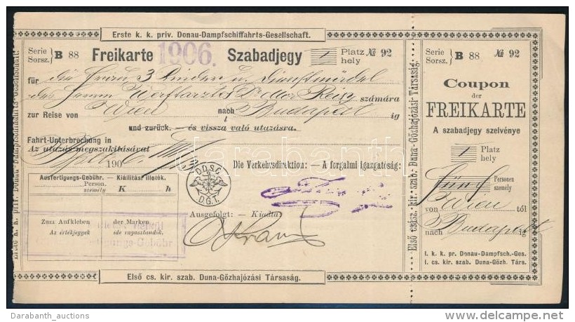 1906 ElsÅ‘ Cs. Kir. Szab. Duna-gÅ‘zhaj&oacute;z&aacute;si T&aacute;rsas&aacute;g DDSG Szabadjegy, 10x19,5 Cm - Non Classificati