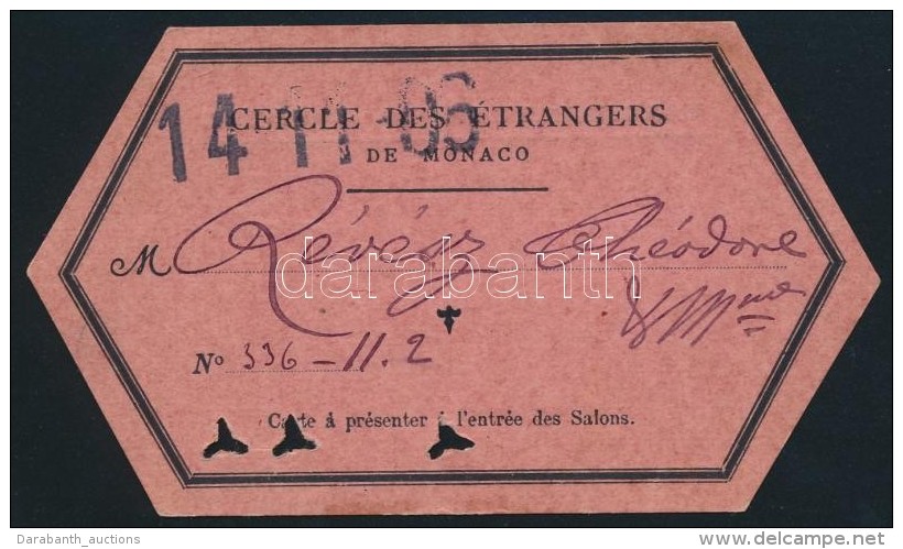 1896 Monaco, Szalonbel&eacute;pÅ‘, 6,5x11 Cm / 1896 Monaco, Entrance Ticket Of The Salon, 6,5x11 Cm - Non Classificati