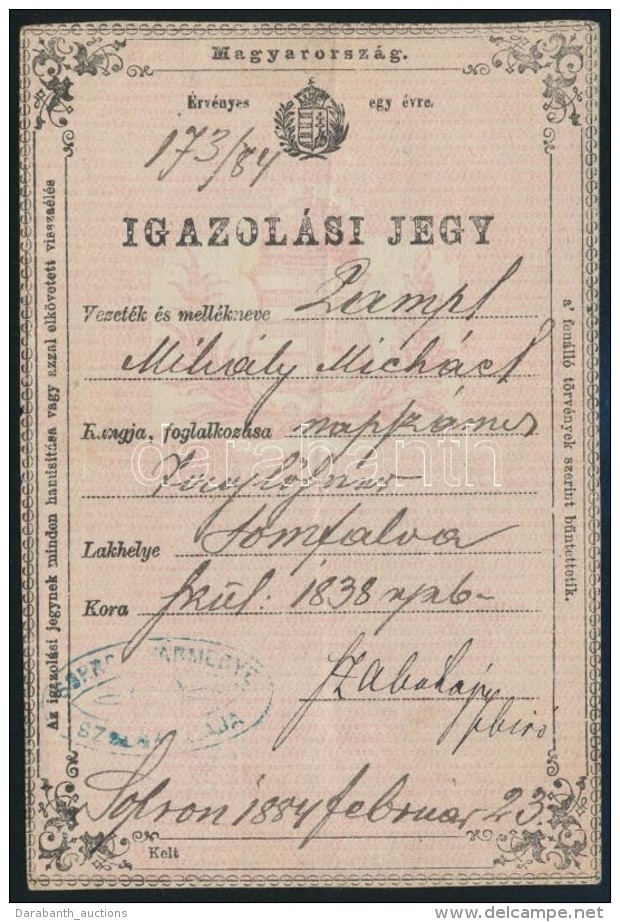 1884 Sopron, Igazol&aacute;si Jegy / Legitimationskarte, Okm&aacute;nyb&eacute;lyeggel - Non Classificati