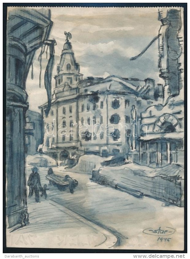 Sostarics Lajos (1896-1968): Szervita T&eacute;r 1945. Vegyes Technika, Pap&iacute;r, 19x14 Cm - Altri & Non Classificati