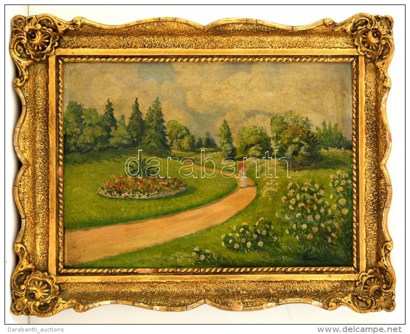 Neogr&aacute;dy Jelz&eacute;ssel: Gondozott Park. Olaj, Falemez,  S&eacute;r&uuml;lt Keretben, 26&times;45 Cm - Altri & Non Classificati