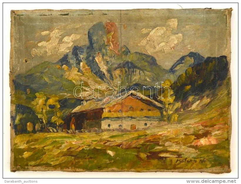 Katona Jelz&eacute;ssel: Alpesi H&aacute;z. Olaj, V&aacute;szon, 26&times;35 Cm - Altri & Non Classificati