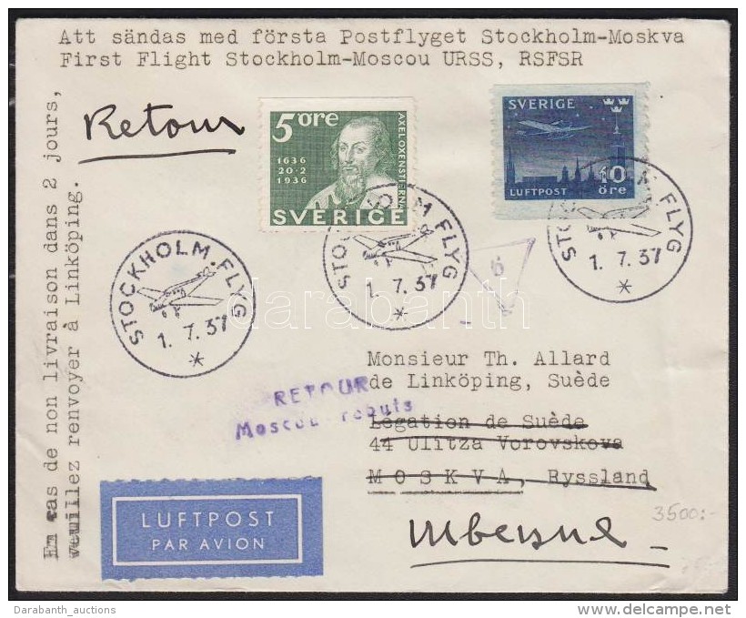 1937 Stockholm-Moszkva ElsÅ‘ Rep&uuml;l&eacute;s Lev&eacute;l, Visszak&uuml;ldve - Altri & Non Classificati