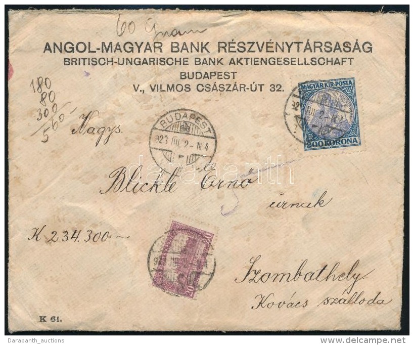 1923 (8. D&iacute;jszab&aacute;s) P&eacute;nzeslev&eacute;l Szombathelyre / Domestic Insured Cover - Altri & Non Classificati