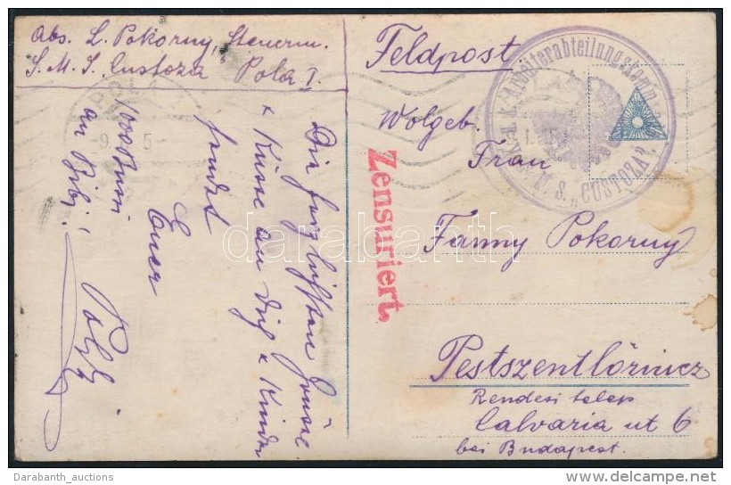 1915 K&eacute;peslap / Postcard 'K.u.k. Arbeiterabteilungskommando S.M.S. CUSTOZA' - Altri & Non Classificati