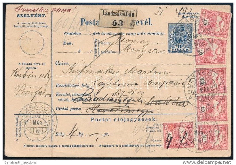 1915 Csomagsz&aacute;ll&iacute;t&oacute; Lev&eacute;l Turul 6 X 10f B&eacute;rmentes&iacute;t&eacute;ssel - Altri & Non Classificati