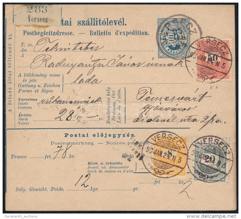 1893 Csomagsz&aacute;ll&iacute;t&oacute; 78kr B&eacute;rmentes&iacute;t&eacute;ssel / Parcel Card With 78kr... - Altri & Non Classificati