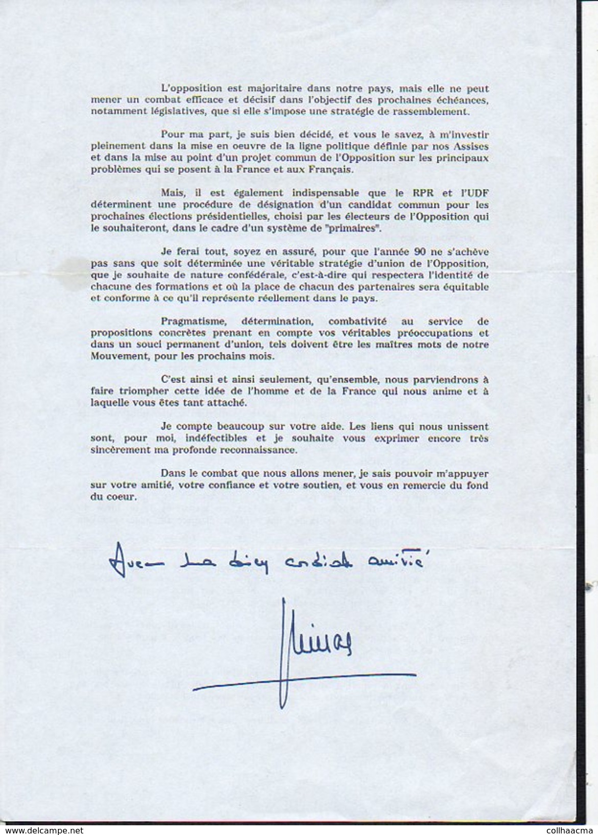 Autographe  / Homme Politique / Ministre Et Président "Jacques Chirac " Sur Document De 1990 - Autres & Non Classés