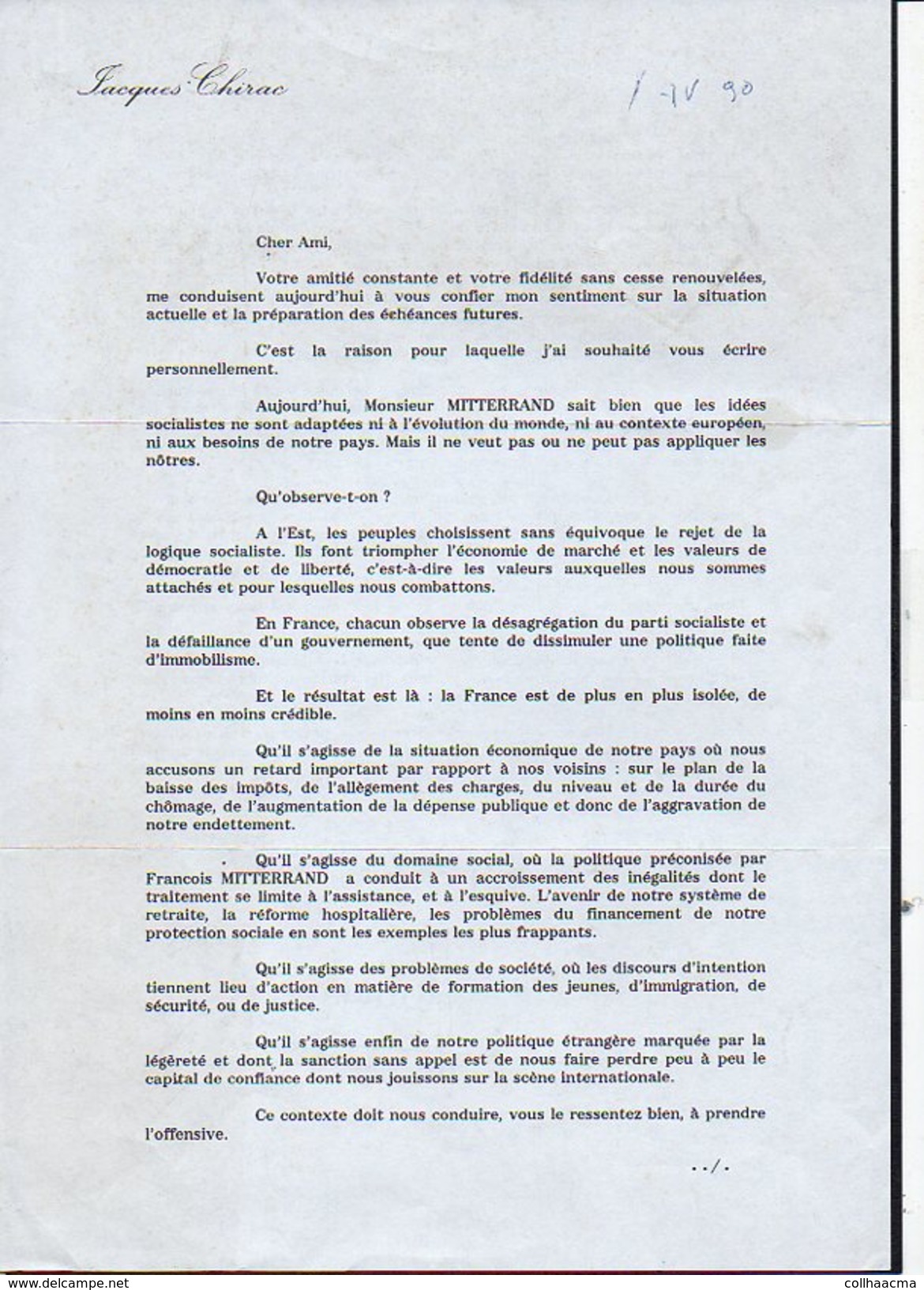 Autographe  / Homme Politique / Ministre Et Président "Jacques Chirac " Sur Document De 1990 - Autres & Non Classés