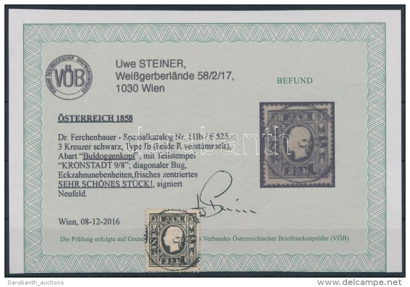 O 1858 3kr Fekete Ib T&iacute;pus Buldog-fej ,,KRONSTADT' 
Certificate: Steiner - Altri & Non Classificati