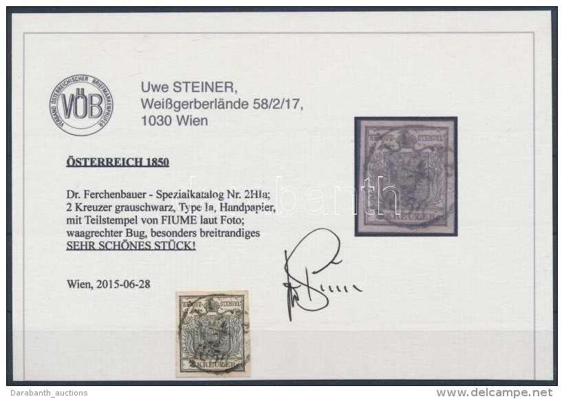 O 1850 2kr HPIa Sz&uuml;rk&eacute;s Fekete ,,FIUME'
Certificate: Steiner - Andere & Zonder Classificatie