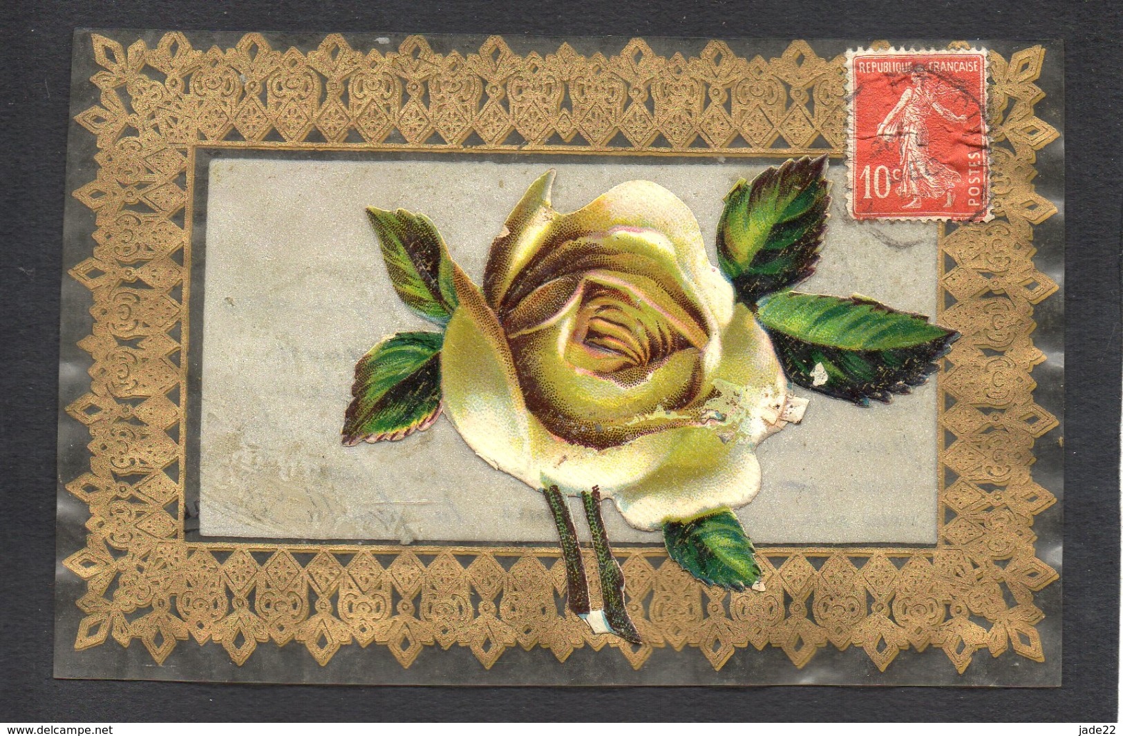 CPA FANTAISIE CELLULOID AJOUTIS DECOUPIS CHROMO - DOREE OR - Art Nouveau Art Déco - Fleur Rose Blanche -#480 - Autres & Non Classés