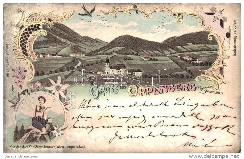 T3 Oppenberg, General View, Man In Traditional Austrian Costume, Folklore, Floral Art Nouveau Litho (fa) - Non Classificati