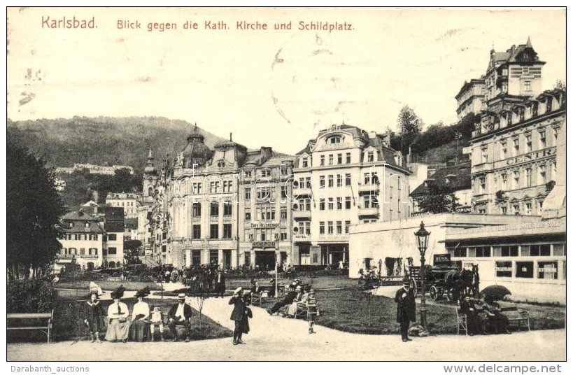 T2 Karlovy Vary, Karlsbad; Kath. Kirche, Schildplatz, Hotel Gold Schild, Cafe Helenenhof / Church, Square, Hotel,... - Non Classificati