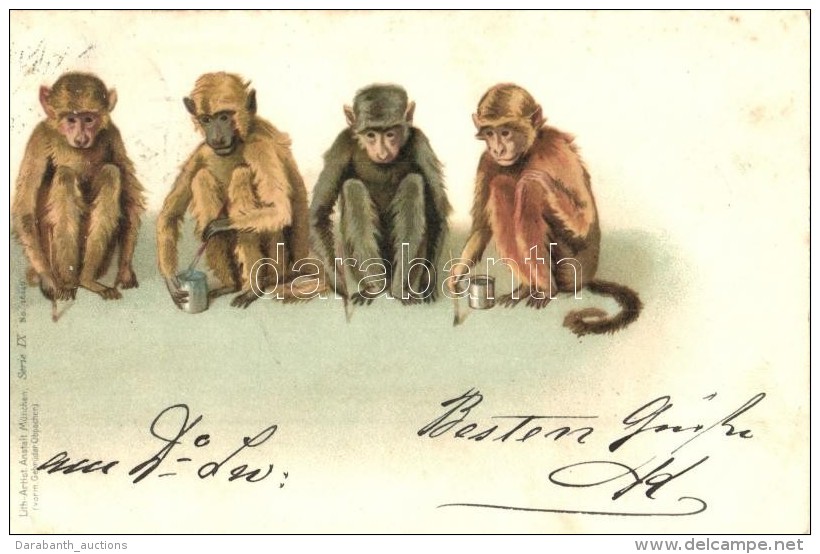 * T2/T3 1898 Monkeys Painting, Lith-Artist Anstalt M&uuml;nchen (vorm. Gebr&uuml;der Obpacher) Serie IX. No. 16249.... - Non Classificati